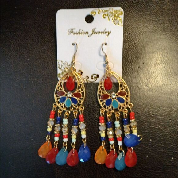 Boho Dangle Bead Earrings 3.5" Multicolor - Picture 2 of 6